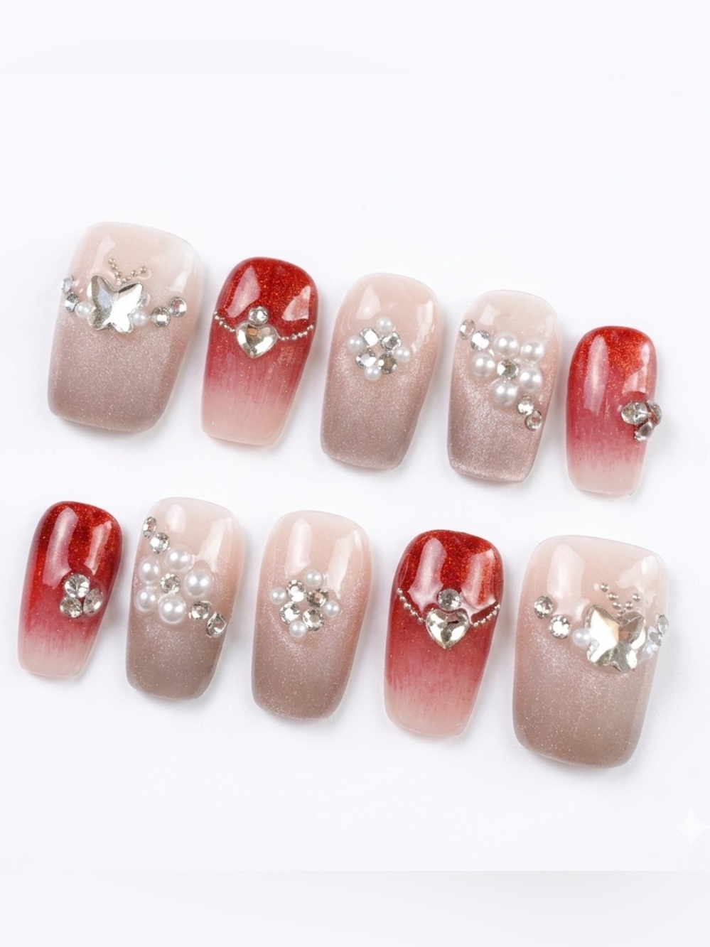 Nude & Red Ombre Press-On Nails with Crystal Accents